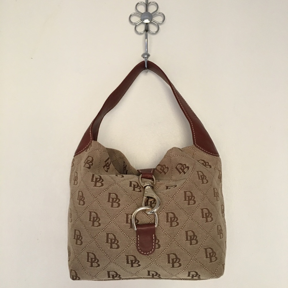 Dooney & Bourke Shoulder Hobo Handbag Purse Monogram Silver Lock Fabric Leather